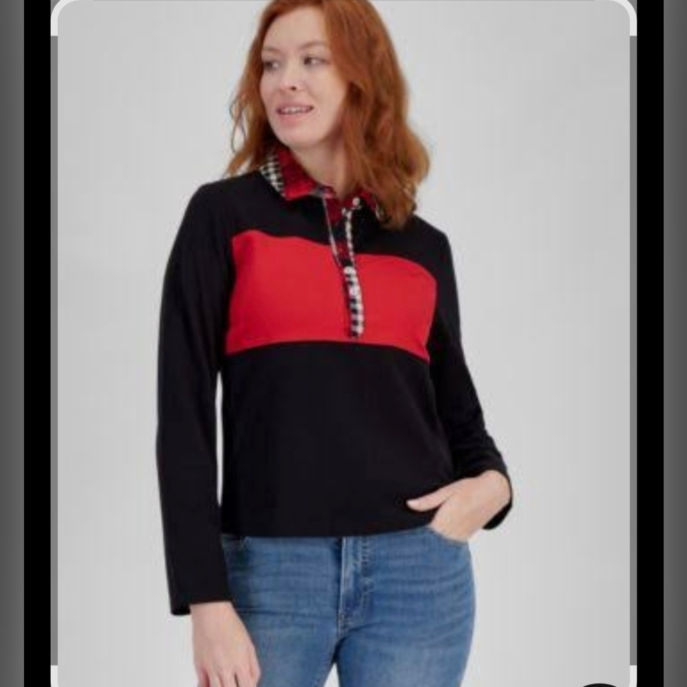 Nautica Red and Black Plaid Collar Shirt